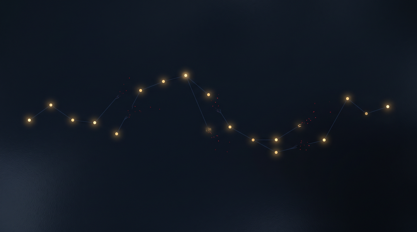 Network of glowing connection points on dark background, representing revenue cycle handoffs where leaks occur.