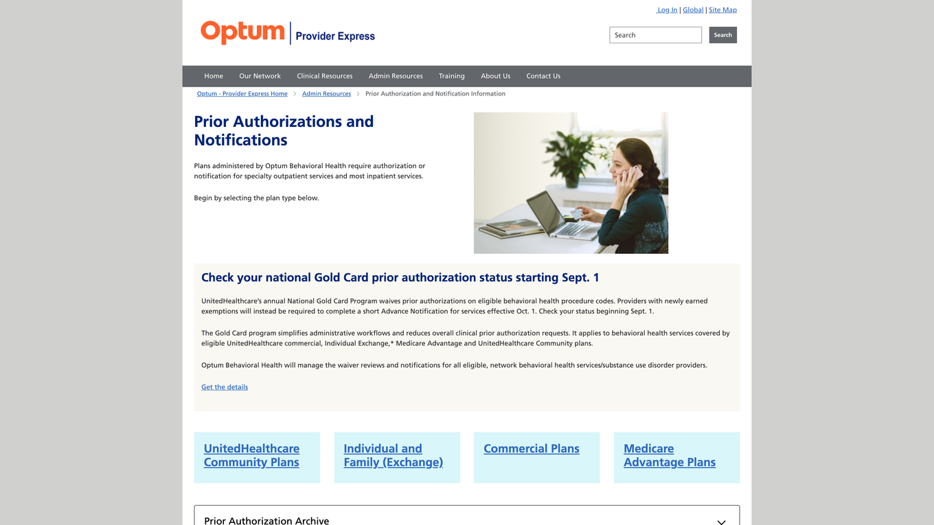 Optum prior authorization page stating specialty outpatient and most inpatient services require authorization or notification