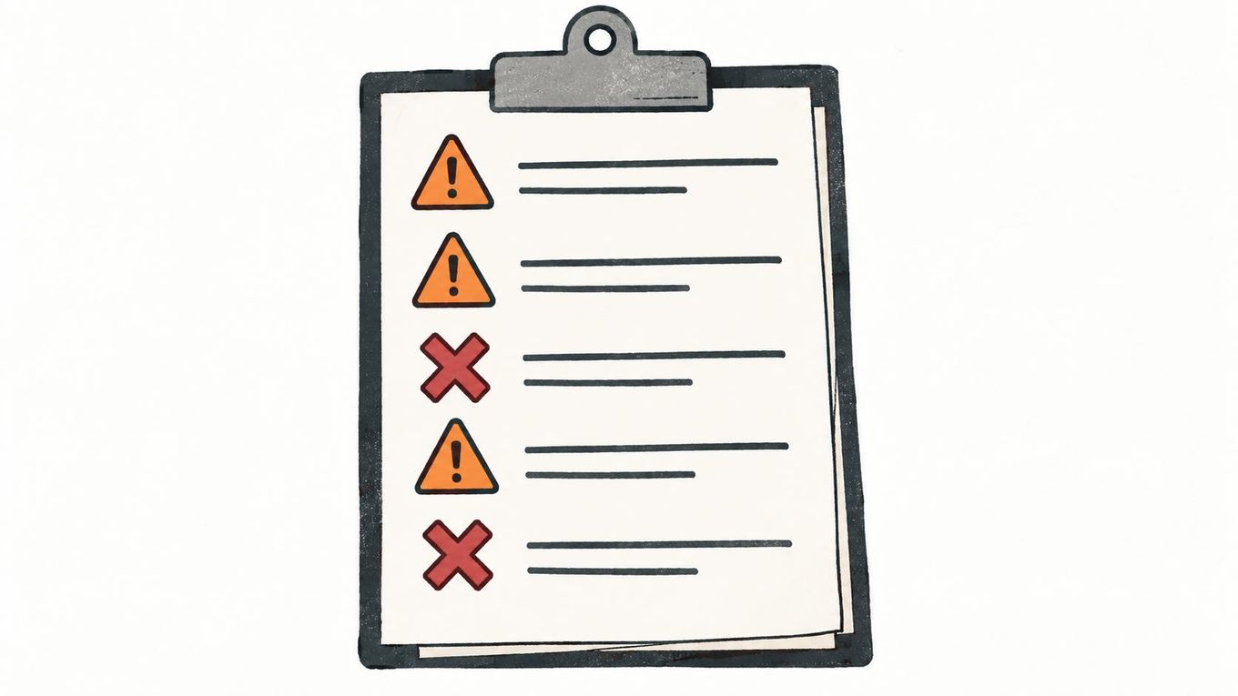 A clipboard with five warning icons — three orange triangles and two red X marks — beside blank checklist lines