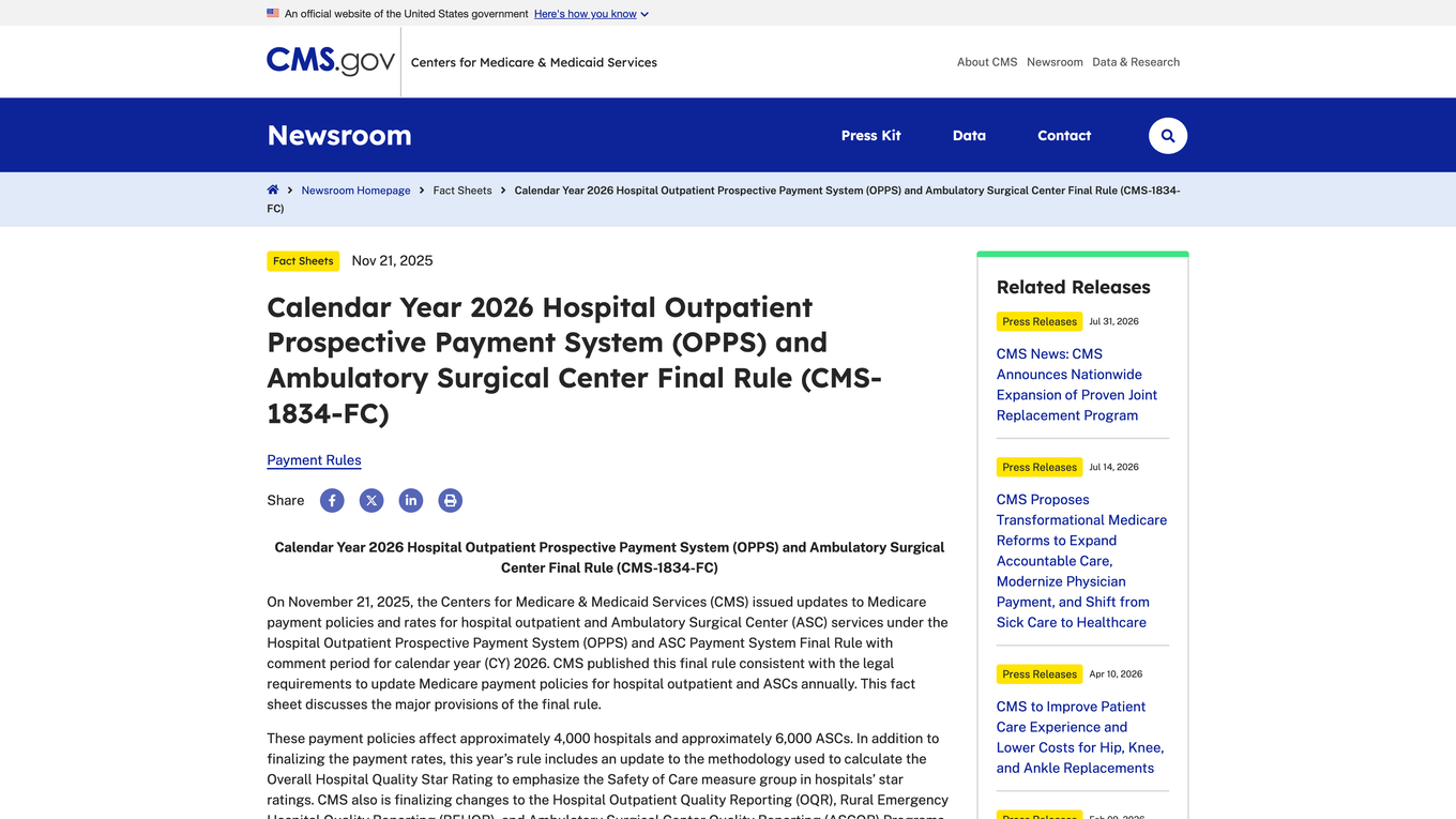 CMS fact sheet for the Calendar Year 2026 OPPS and ASC final rule, dated November 21, 2025