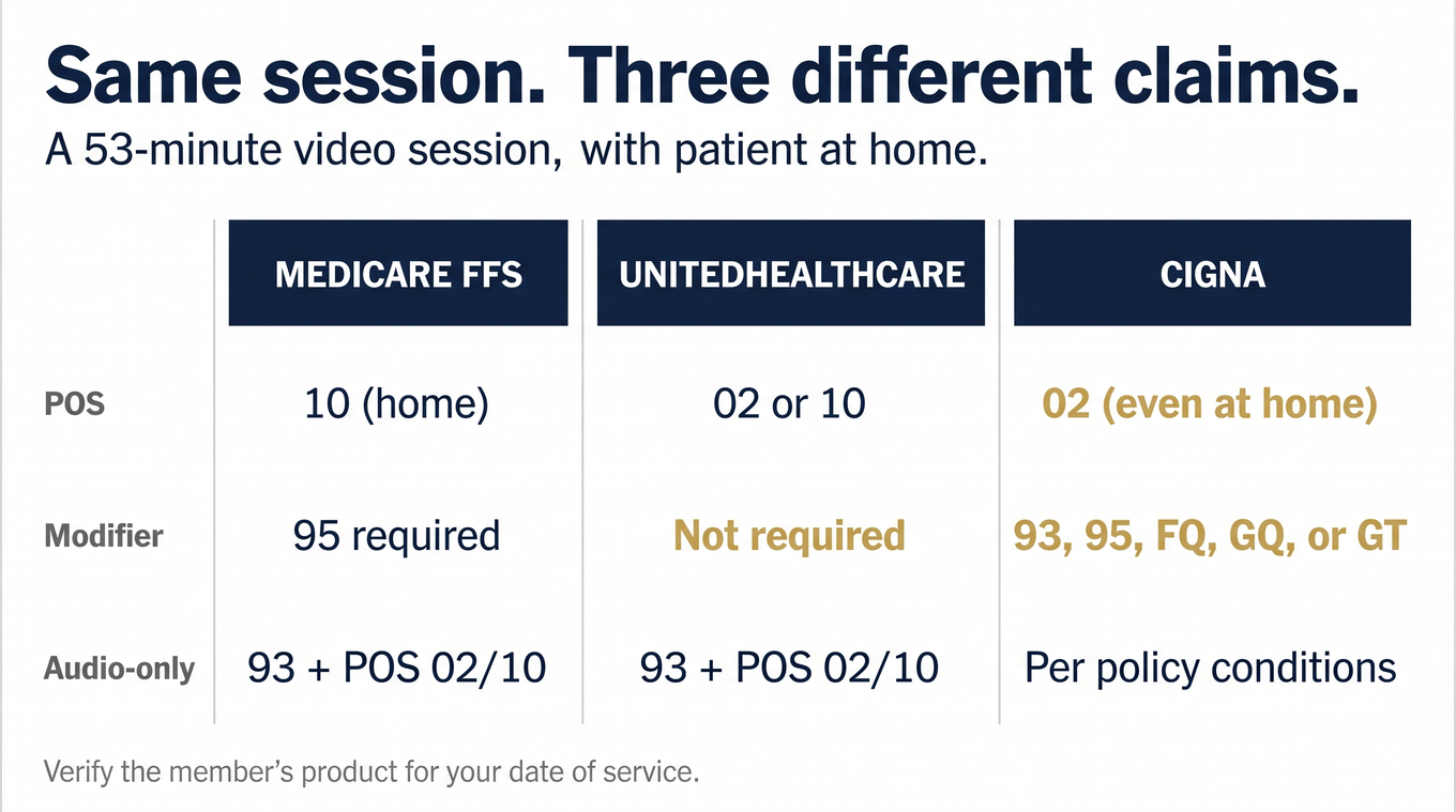 Comparison panel showing Medicare, UnitedHealthcare, and Cigna requiring different telehealth claim formats