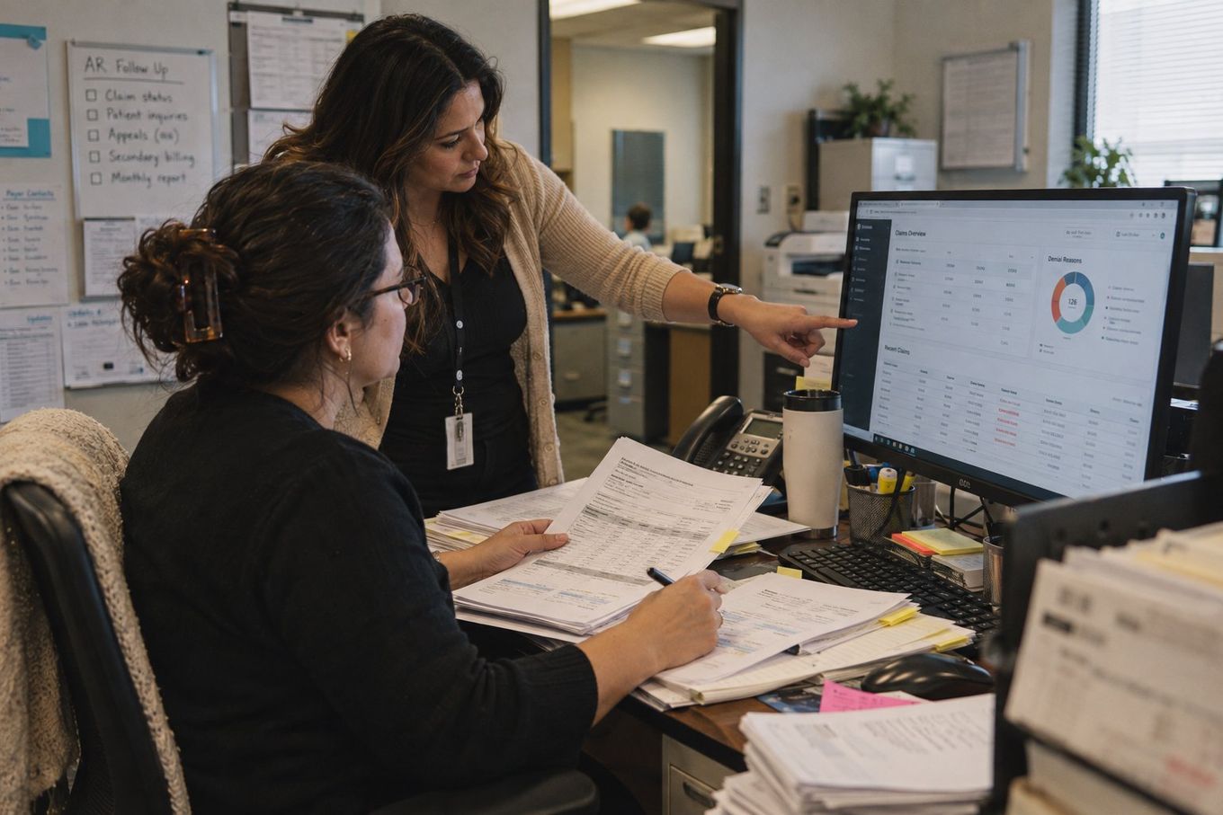 Two women collaborate in an office, reviewing a "Claims Overview" and "Denial Reasons" dashboard on a computer screen.