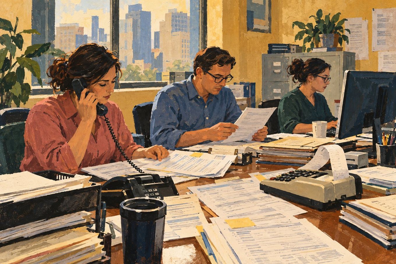 Three people working diligently at cluttered office desks, handling documents, phones, and computers, with a city view.