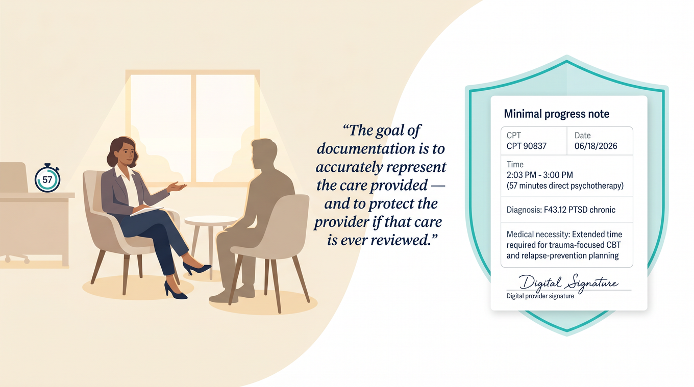Editorial illustration showing the dual purpose of accurate psychotherapy documentation: representing the care provided and protecting the provider if reviewed