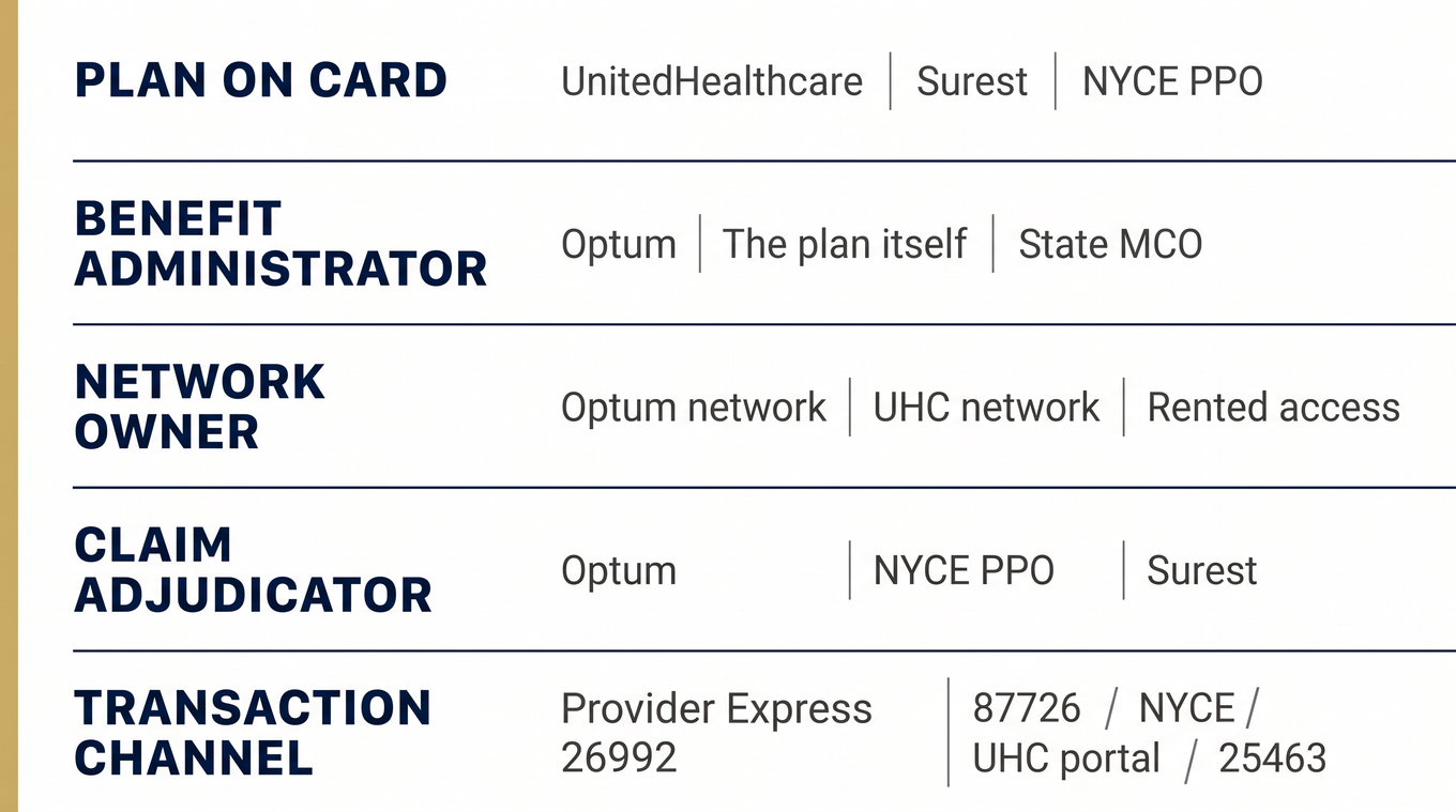 Diagram of five behavioral health billing functions - plan, administrator, network, adjudicator, and channel - that can be split across different companies