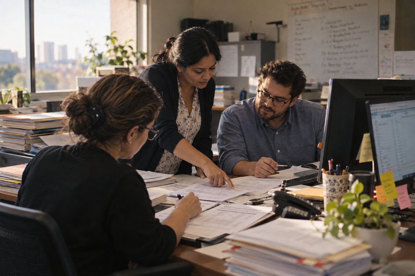Three colleagues at a bright office desk collaborate, reviewing documents and discussing their work.