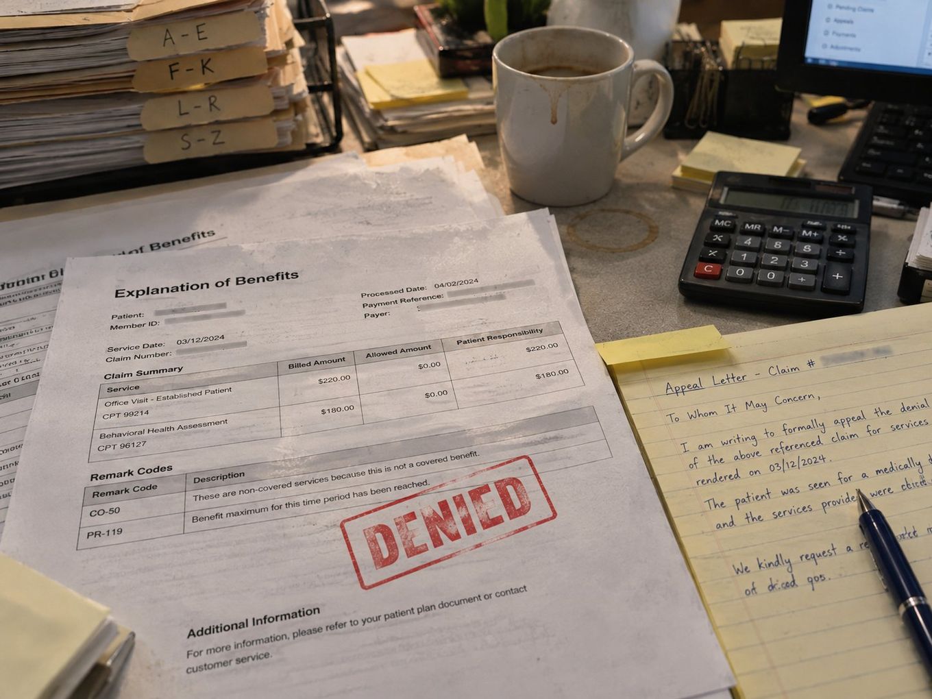 A cluttered desk displays a 'DENIED' Explanation of Benefits, a handwritten appeal letter, and folders.