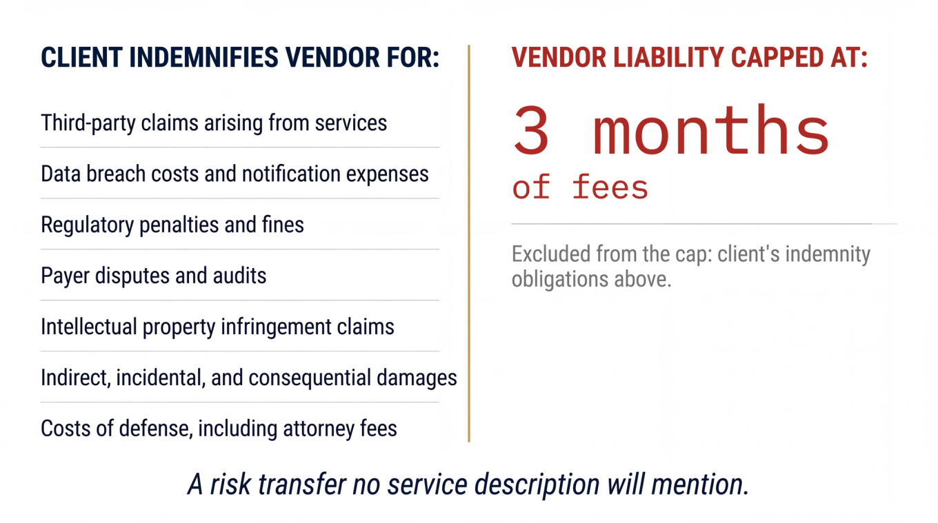 Editorial graphic comparing dense client indemnity obligations against a small vendor liability cap, showing the risk asymmetry