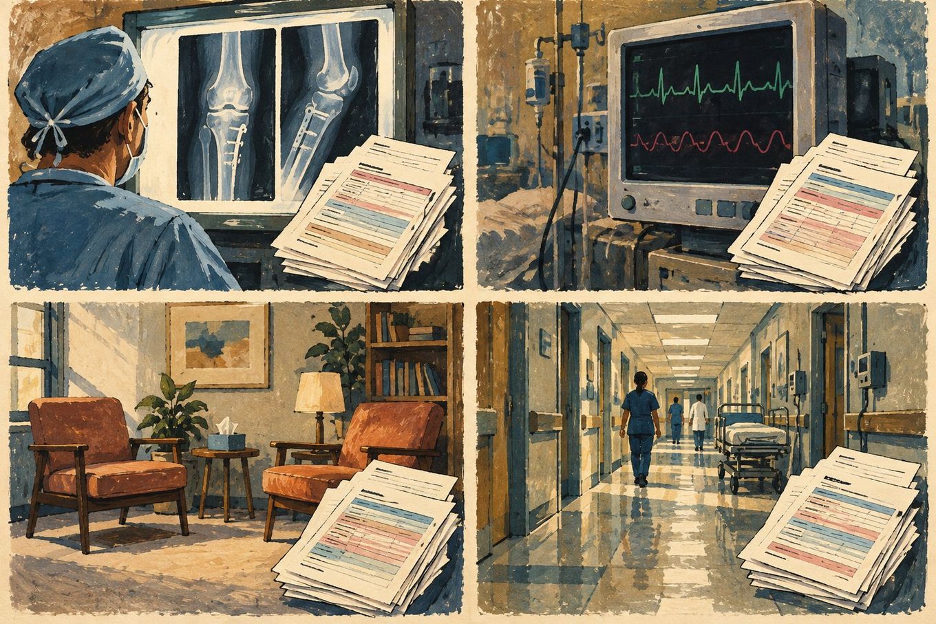 Illustrations of medical environments: X-ray viewing, patient monitor, hospital hall, waiting room, all with documents.