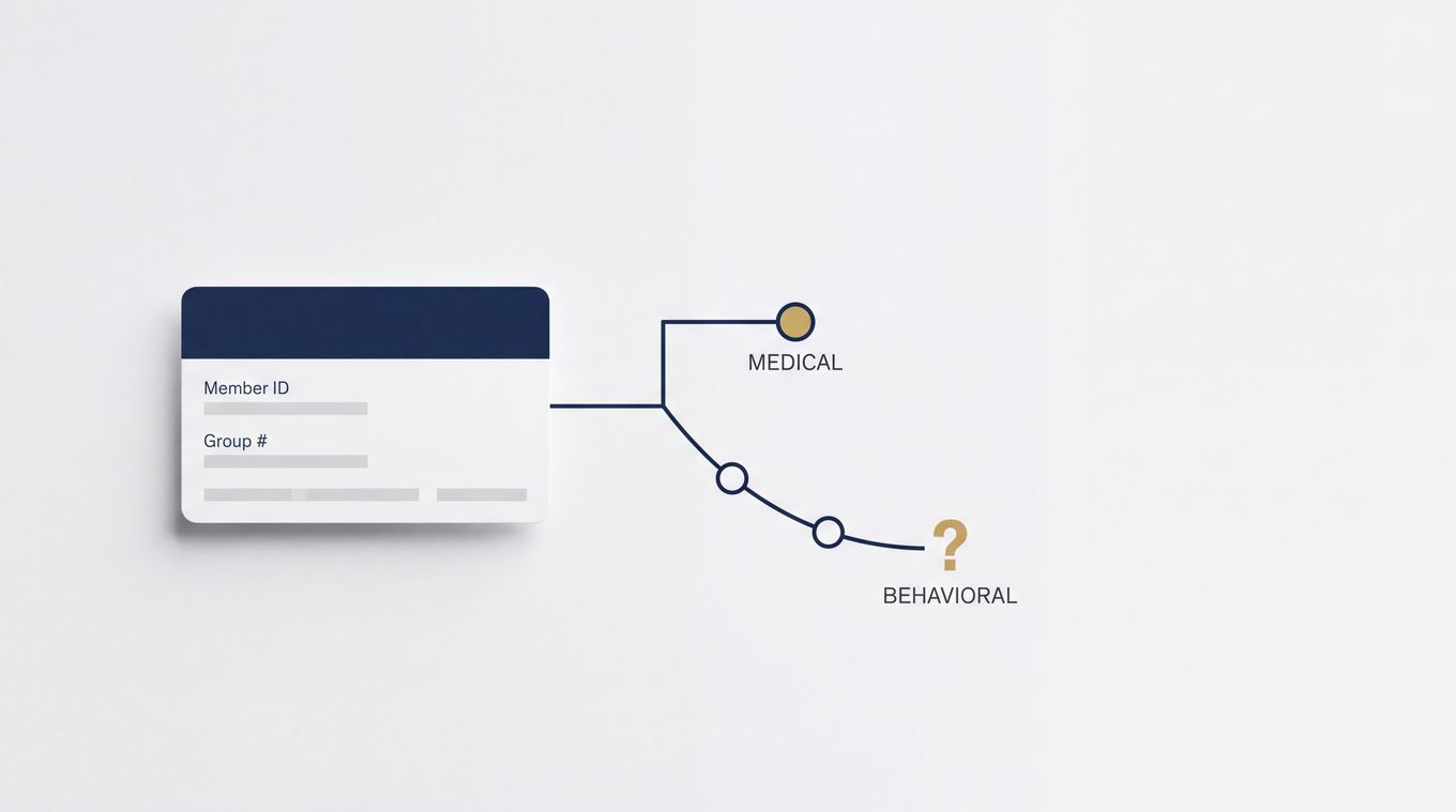 A generic health insurance card with two diverging routing paths, one short for medical claims and one longer with a question mark for behavioral claims