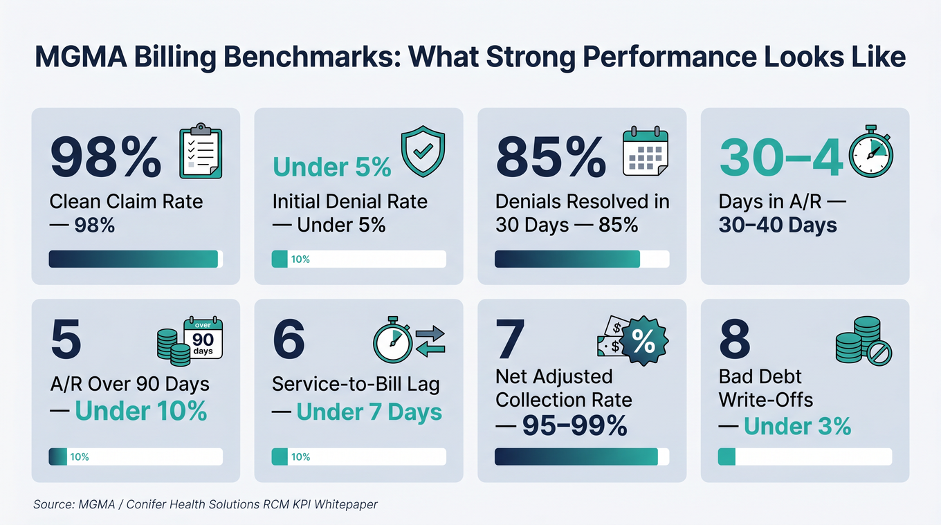 Infographic showing MGMA RCM benchmark KPIs: 98% clean claim rate, under 5% denial rate, 30-40 day A/R target