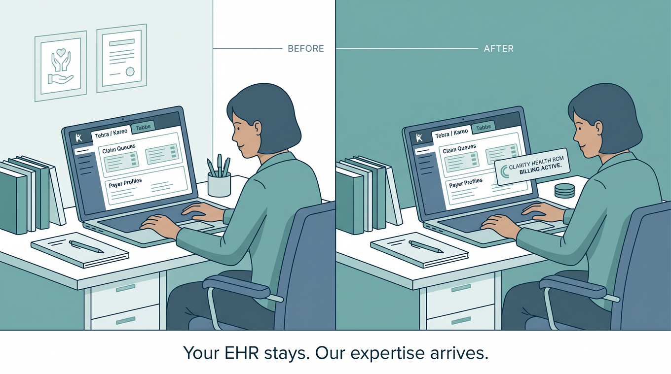 Billing specialist working inside a practice's existing EHR with no forced software migration required