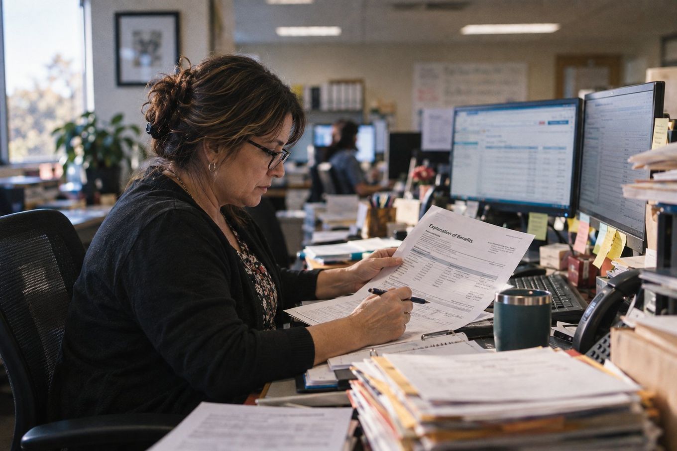 A focused woman in glasses reviews an Explanation of Benefits document at her desk in a busy office.