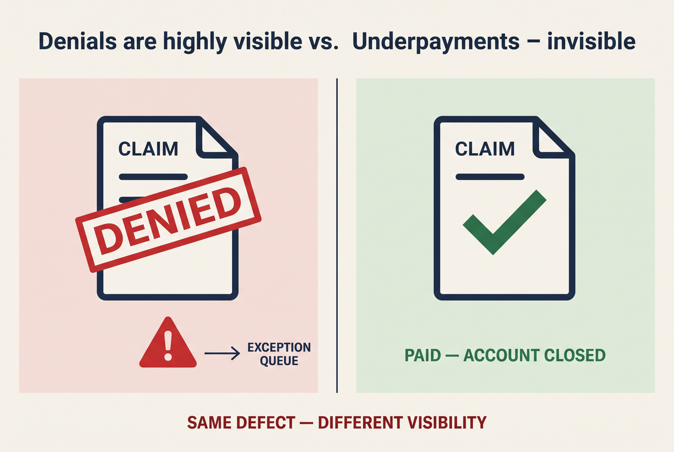 Side-by-side comparison: a denied claim creates a visible red alert, while an underpayment closes silently with a green checkmark.