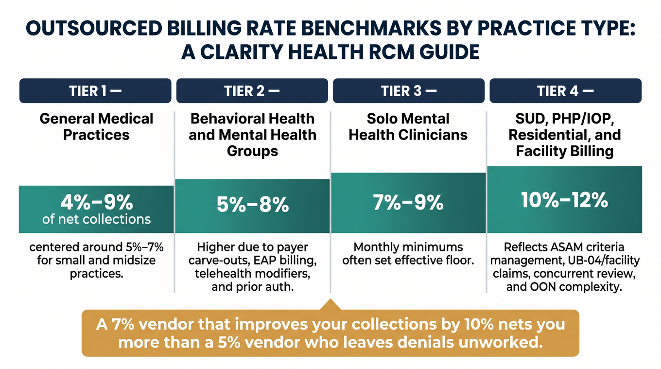 Summary infographic of fair medical billing rate benchmarks by specialty: 4-9% general, 5-8% behavioral health groups, 7-9% solo clinicians, 10-12% SUD/facility