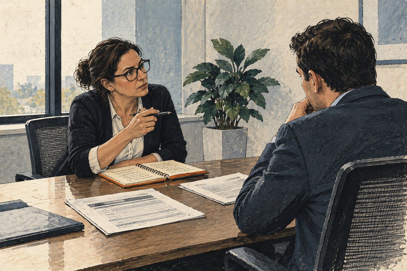 Two professionals, a woman and a man, discuss business at a wooden desk in an office.