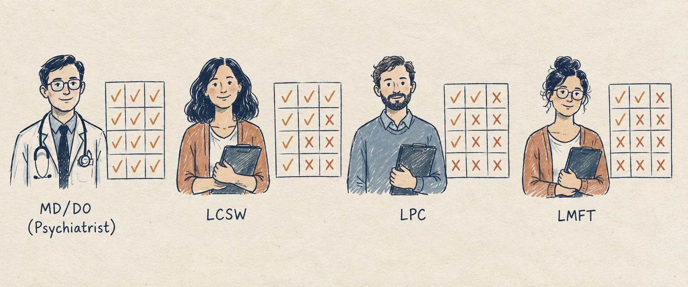 Illustration comparing services offered by a psychiatrist, LCSW, LPC, and LMFT using checkmarks and X's.