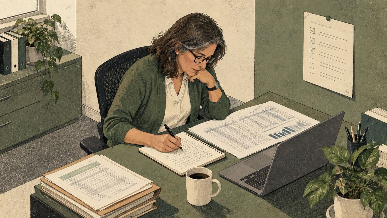 Isometric illustration of a woman at a desk reviewing a printed aging report and writing notes by hand, with a checklist pinned to the wall nearby