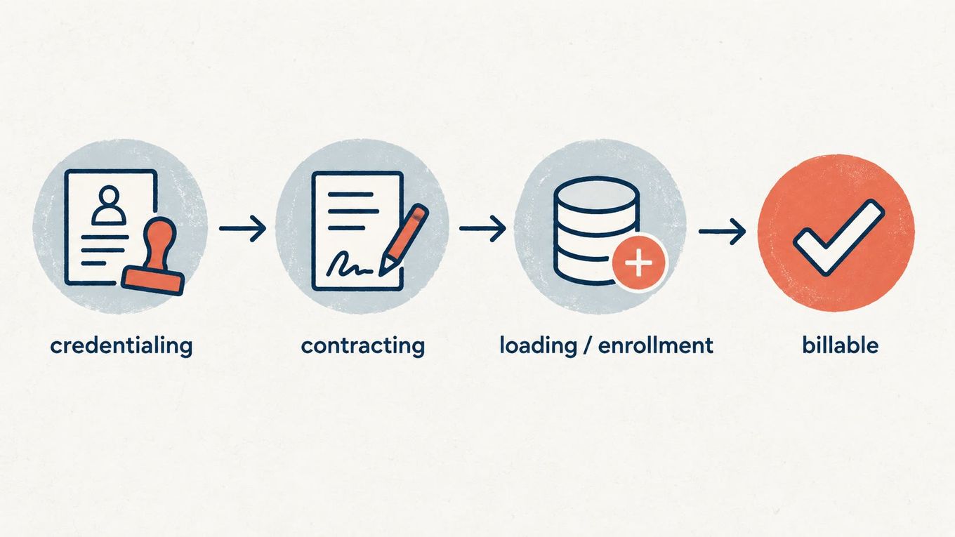 Flat editorial illustration showing four connected steps: credentialing, contracting, loading/enrollment, and billable