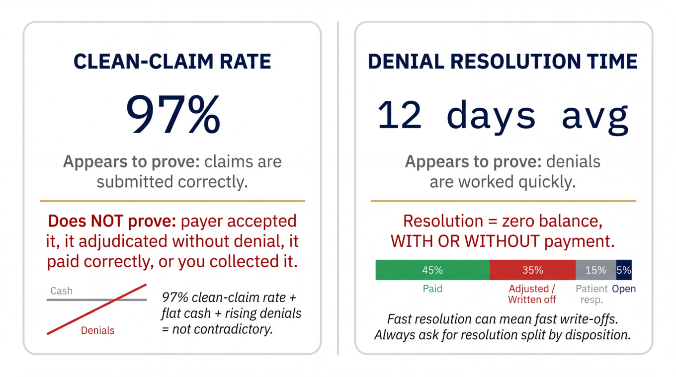 Two annotated metric cards showing clean-claim rate does not prove payment and denial resolution can mean write-off