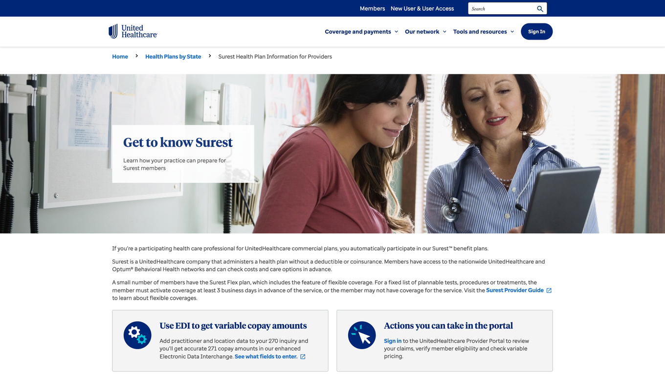 UnitedHealthcare Surest provider page showing automatic participation and access to Optum Behavioral Health networks