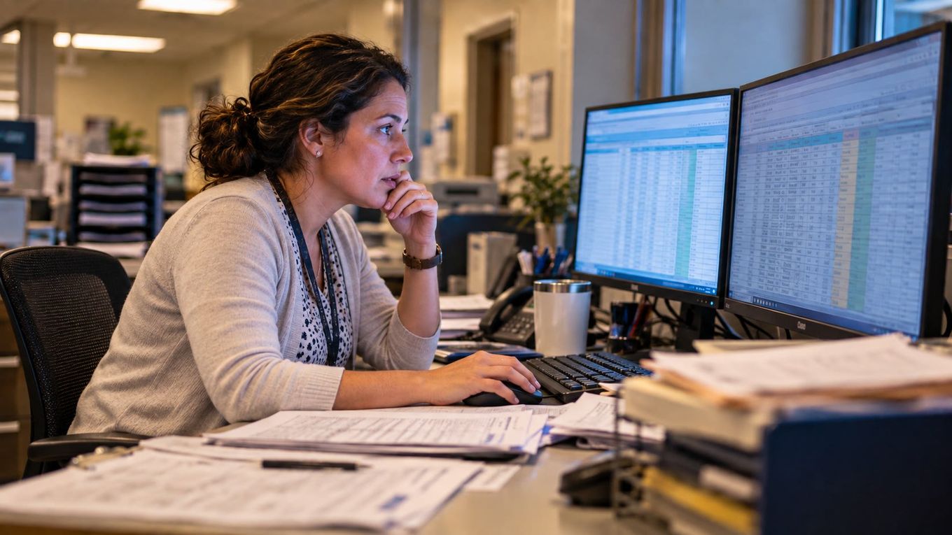 A healthcare office administrator discovering aged accounts receivable data across two monitors, mid-realization