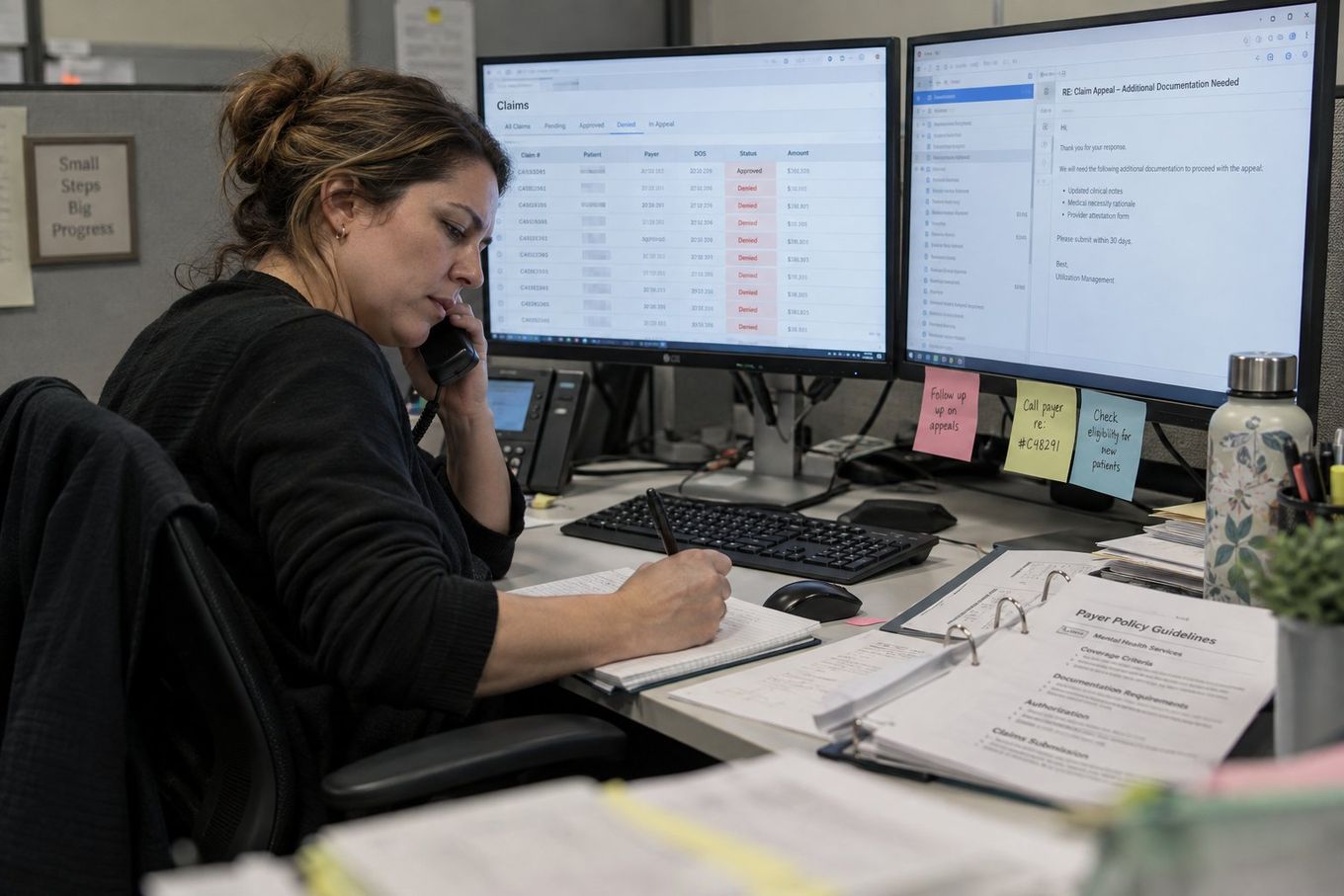 A woman at a desk talking on the phone and writing, with medical claims on computer screens.