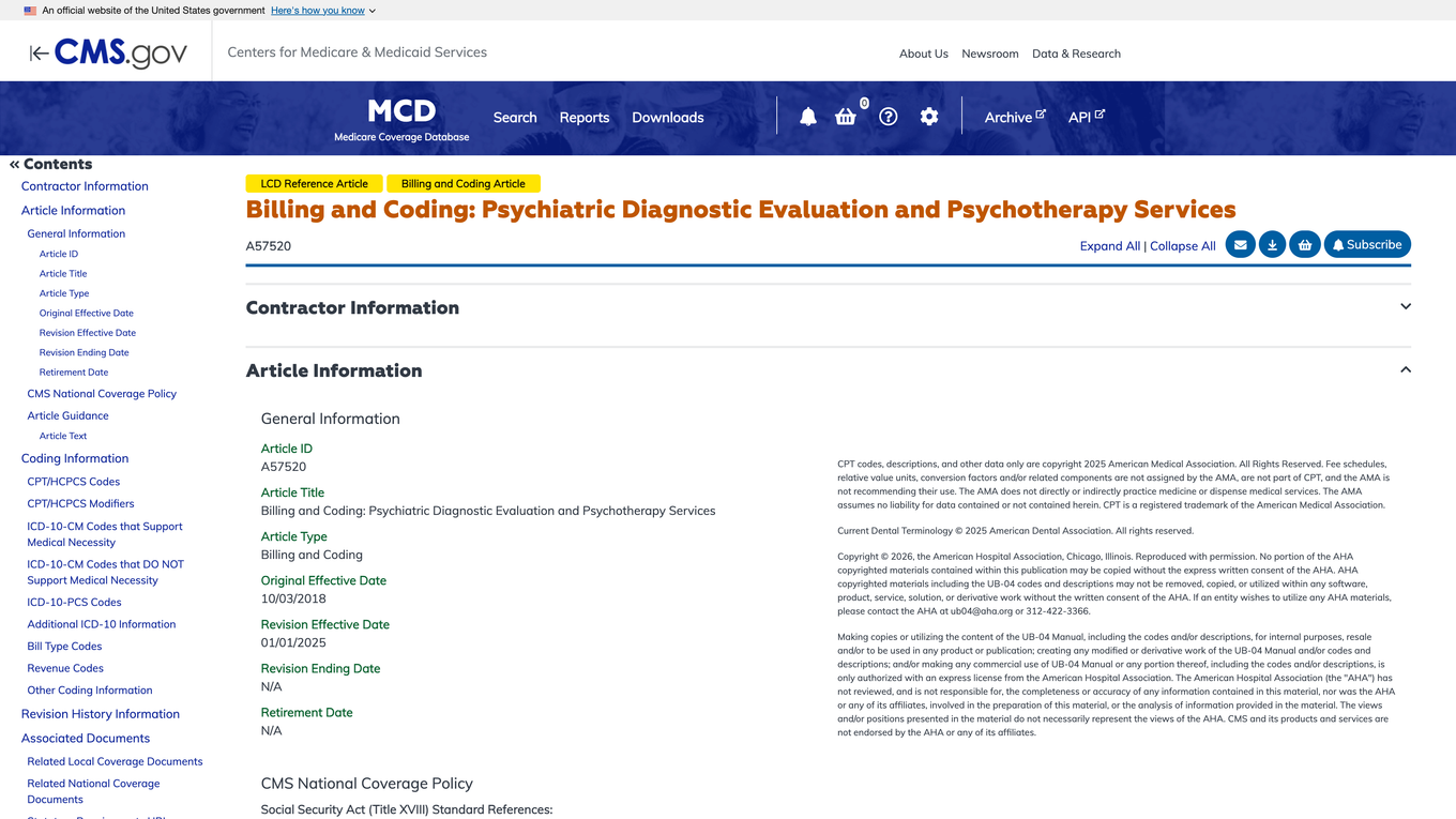 CMS Medicare Coverage Database page for Article A57520 on psychotherapy billing, showing its 01/01/2025 revision date