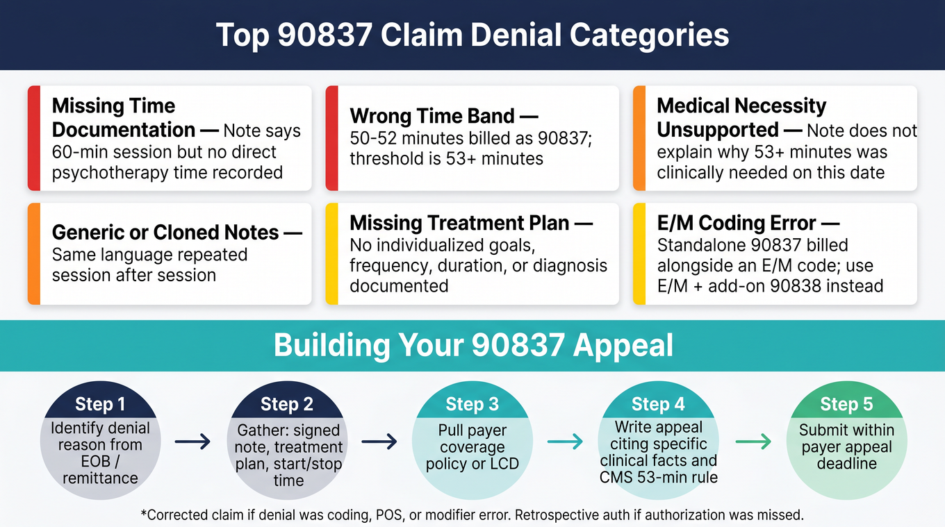 Infographic: top CPT 90837 denial categories with severity coding and a 5-step appeal process flowchart for behavioral health billing