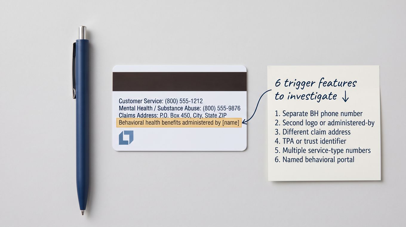 Insurance card back with behavioral carve-out indicator highlighted for front desk verification