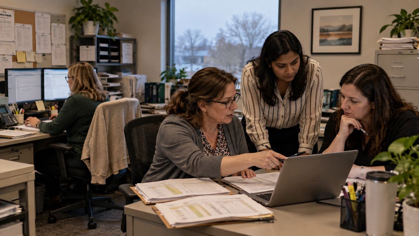 A small medical billing office with two or three people at separate workstations, business-casual attire, afternoon window light