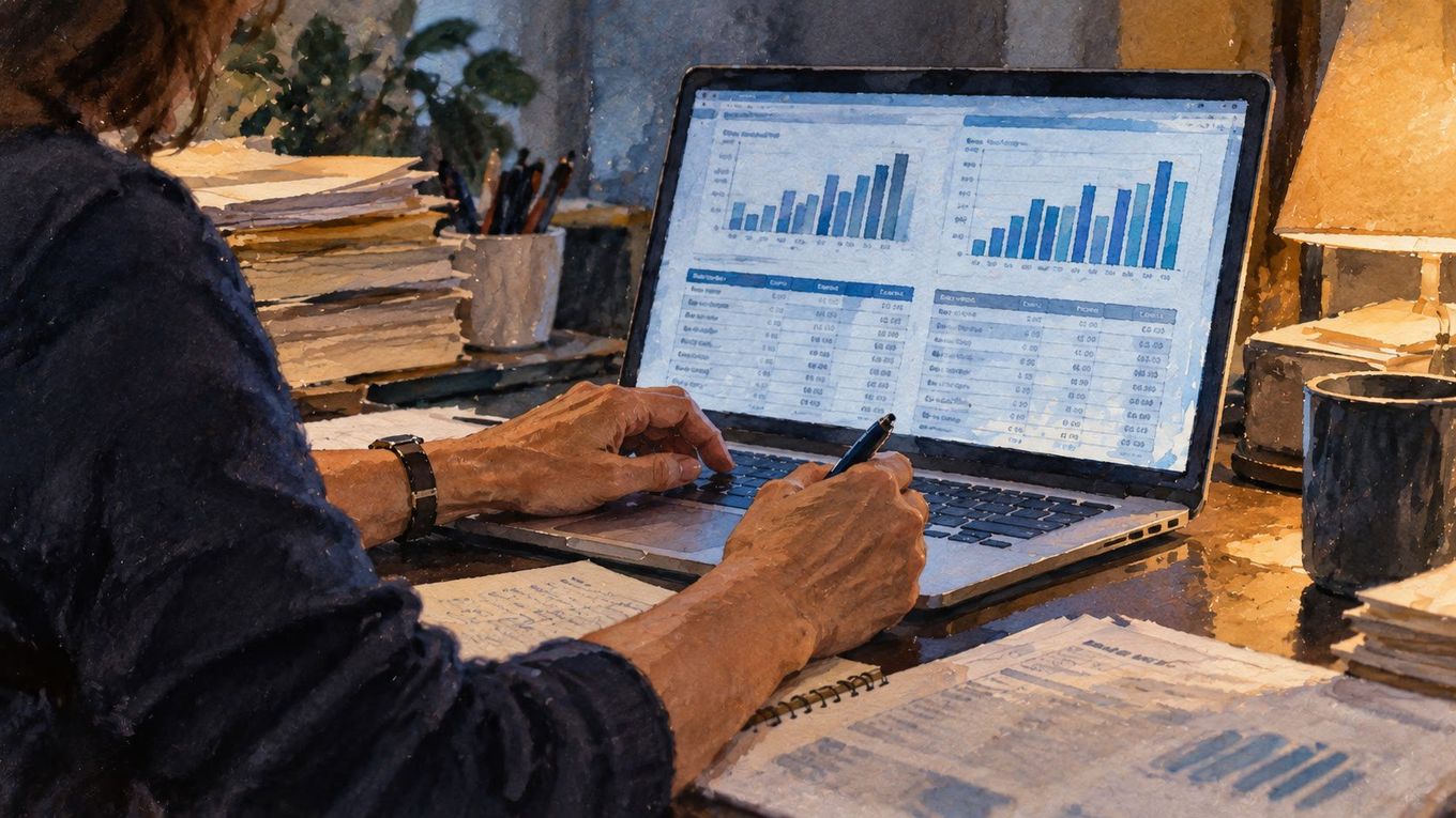 A close-up watercolor of forearms and hands at a laptop reviewing billing charts and data tables, cool screen glow and warm lamp light