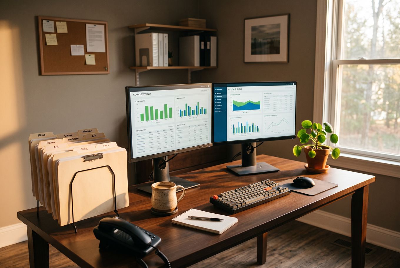 Editorial photograph of a well-organized medical practice billing workspace in warm light