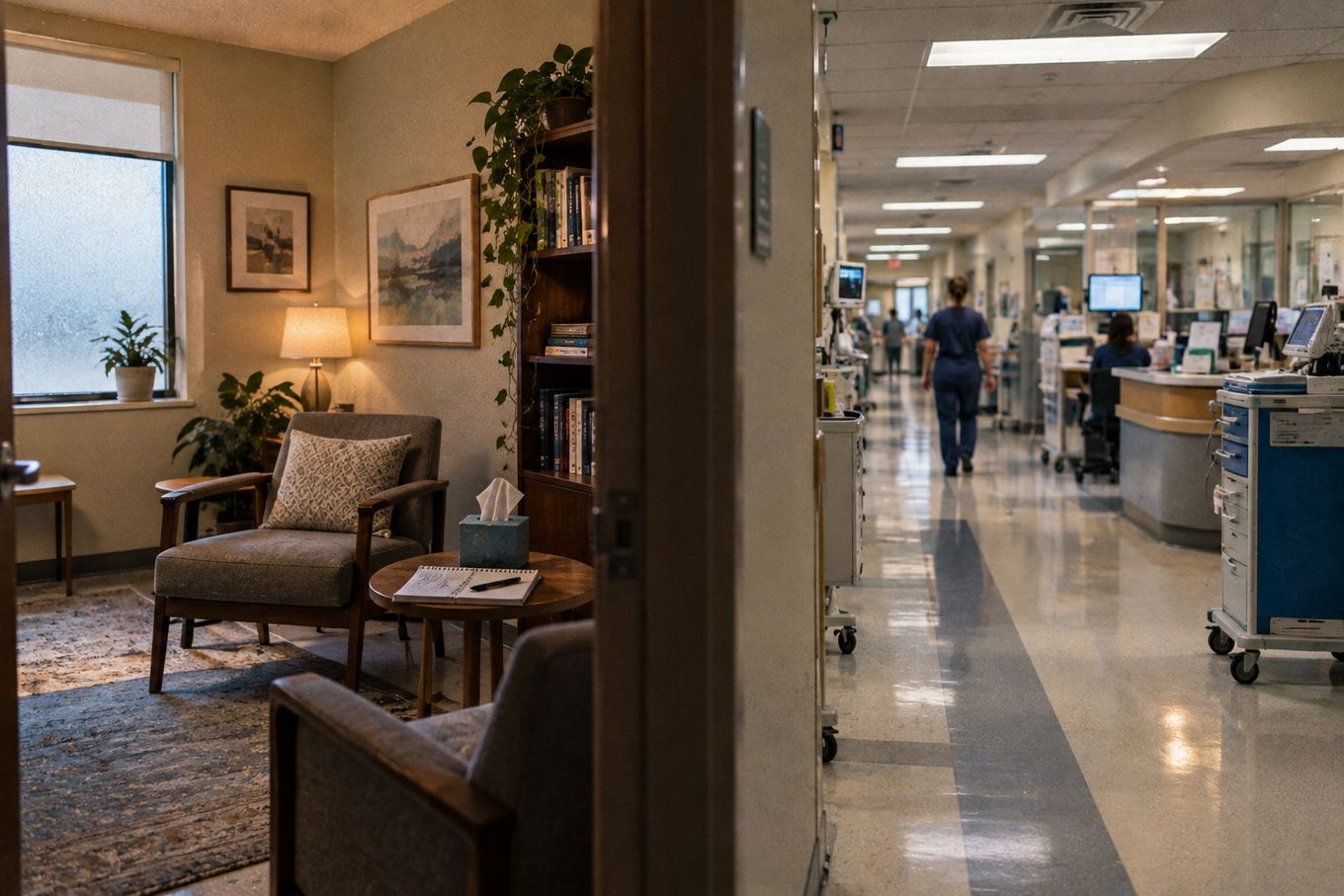 A comfortable therapy room opens to a bustling hospital corridor with medical staff and equipment.