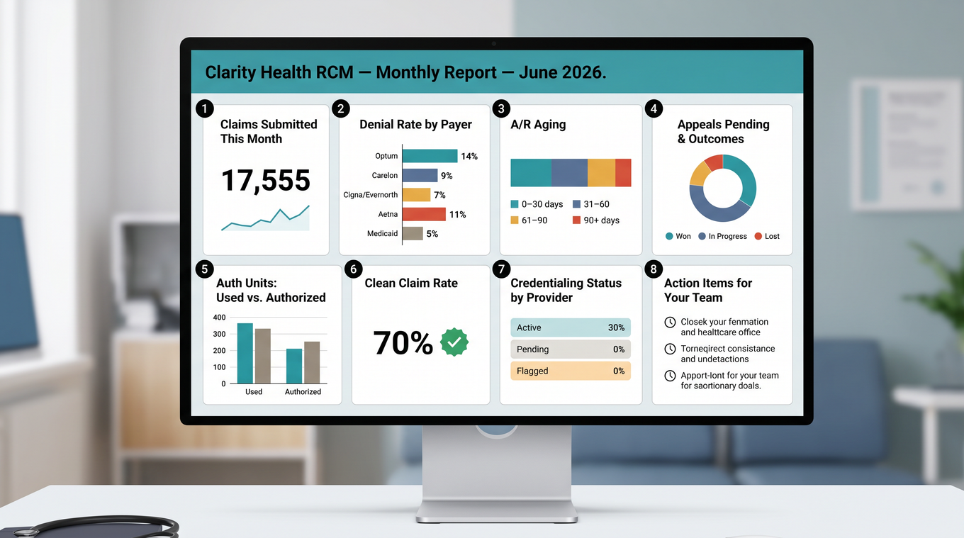 Behavioral health billing reporting dashboard showing denial rates by payer, A/R aging buckets, claims submitted and paid, and appeals pending