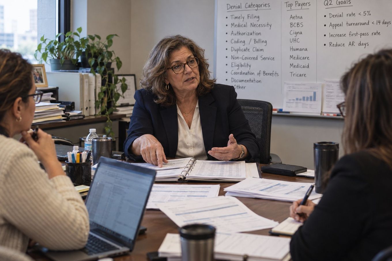 Three women in a professional meeting, discussing billing documents and performance goals.