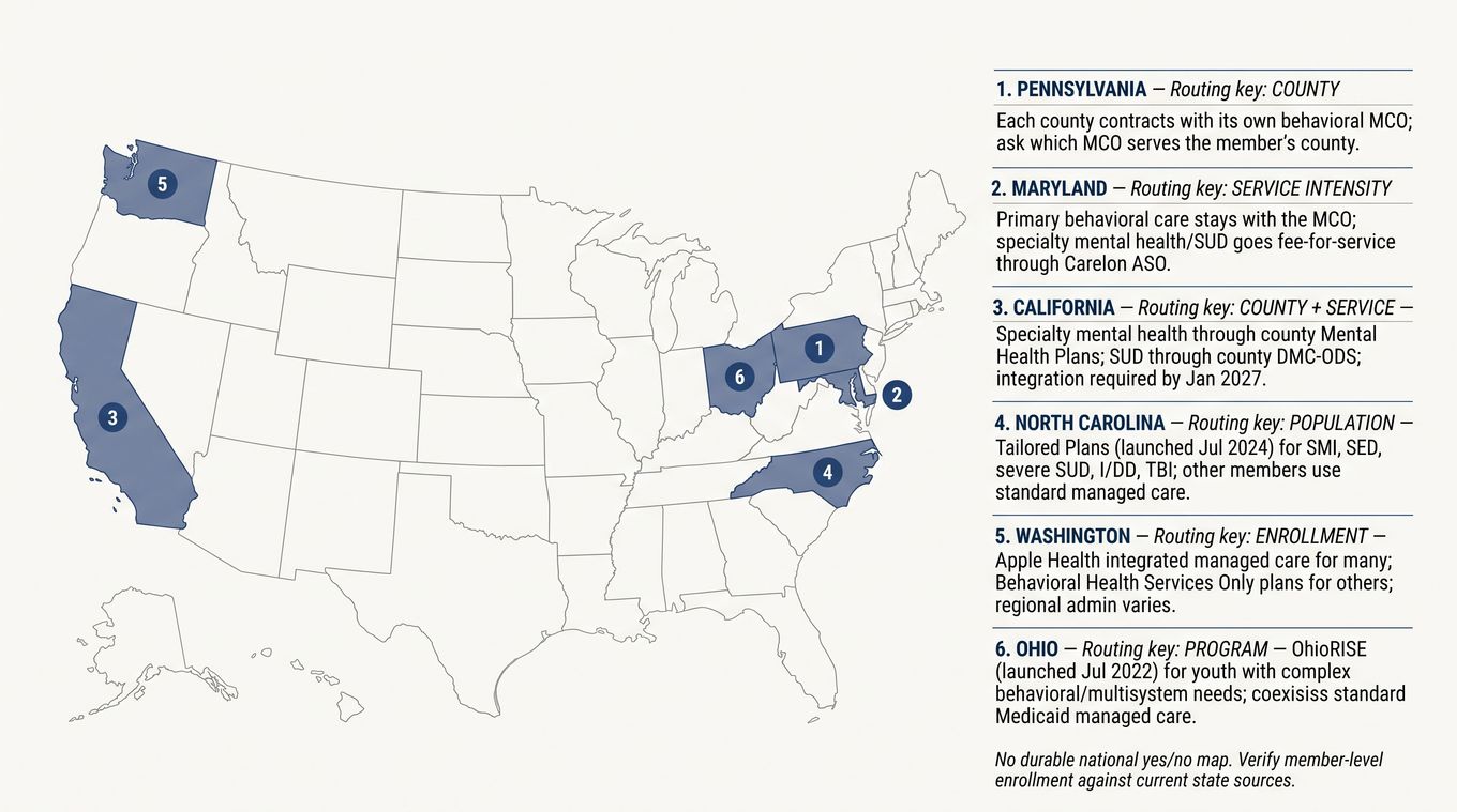 US map showing six state Medicaid behavioral health carve-out routing architectures