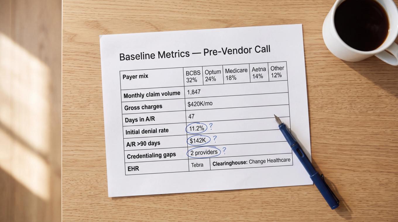 Overhead flat-lay of a printed baseline metrics summary with handwritten annotations, pen and coffee on a light oak desk