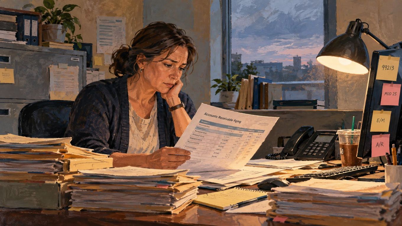 A practice manager reviewing an accounts receivable aging report under a desk lamp, quiet pressure rather than crisis