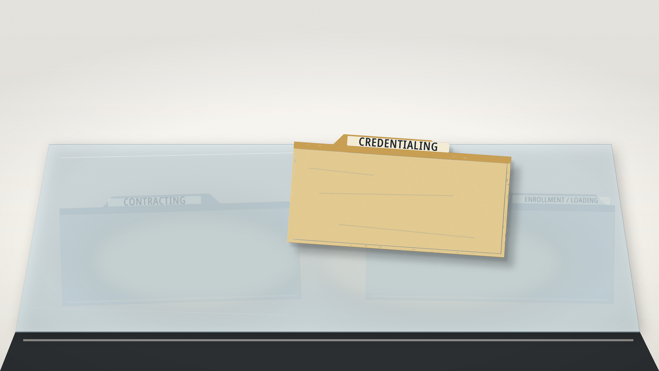 Editorial illustration of a folder labeled CREDENTIALING on a glass desk, with two hidden folders visible beneath labeled CONTRACTING and ENROLLMENT, showing the three distinct payer processes therapists conflate into one word