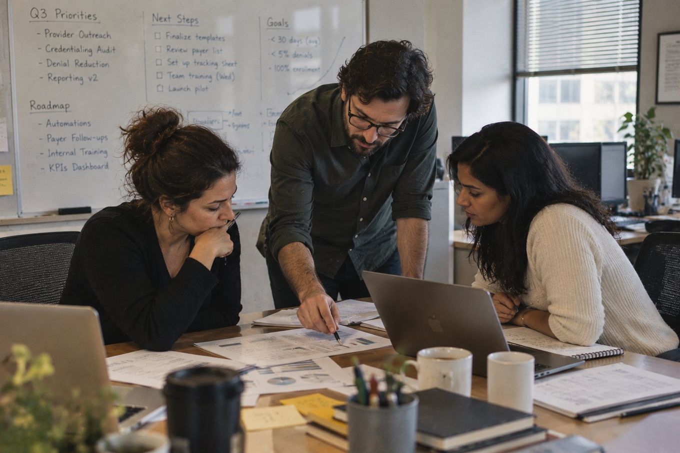 Three diverse colleagues collaborating around a table, reviewing documents and a laptop in an office.