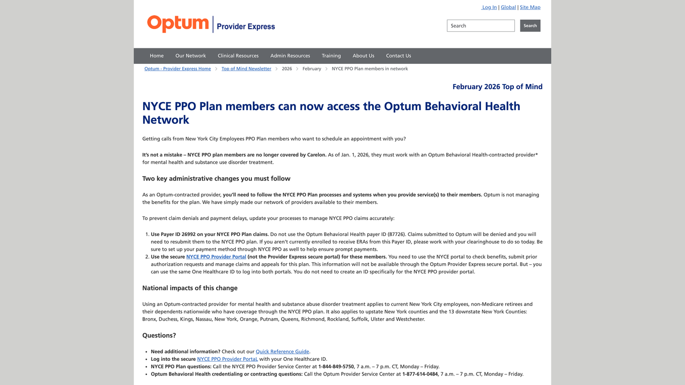 Optum Provider Express notice stating NYCE PPO claims use payer ID 26992 and claims sent to Optum will be denied