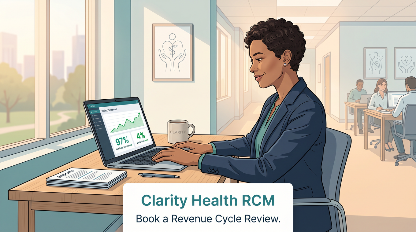 Behavioral health practice administrator reviewing clear organized billing reports at a clean desk, calm and in control