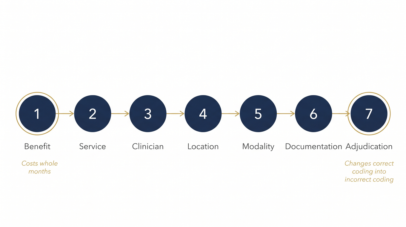 Diagram of seven sequential gates a telehealth therapy claim must clear, from benefit to adjudication