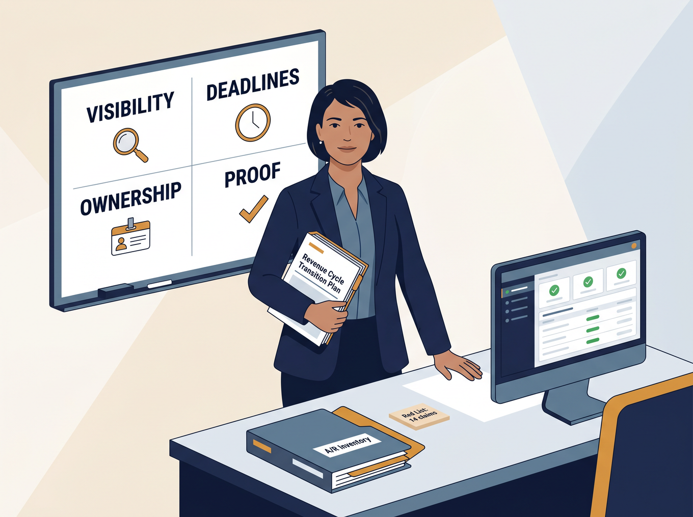 Editorial illustration: revenue cycle professional presenting a structured transition plan with four pillars: visibility, deadlines, ownership, proof