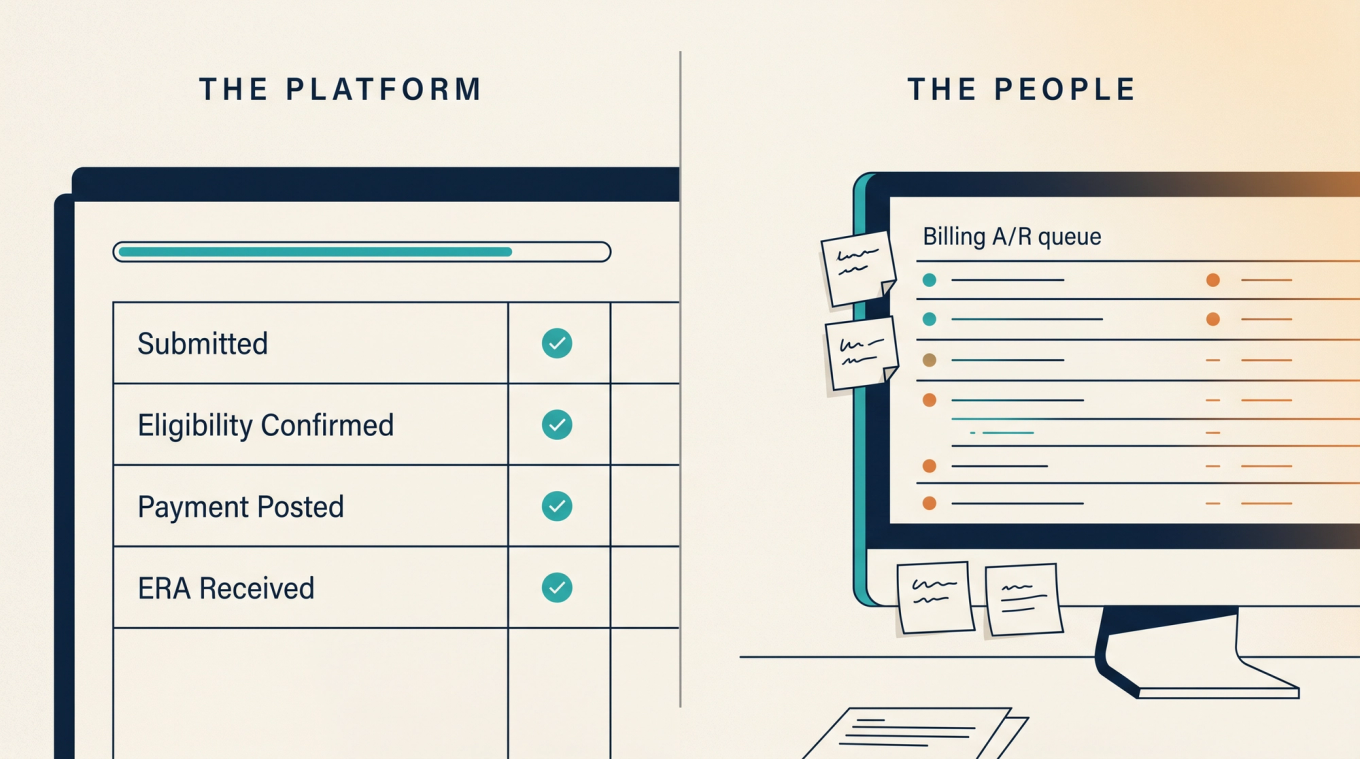 Split editorial illustration: a clean unbranded billing dashboard on the left labeled The Platform, and an aging claims queue at a billing workstation on the right labeled The People