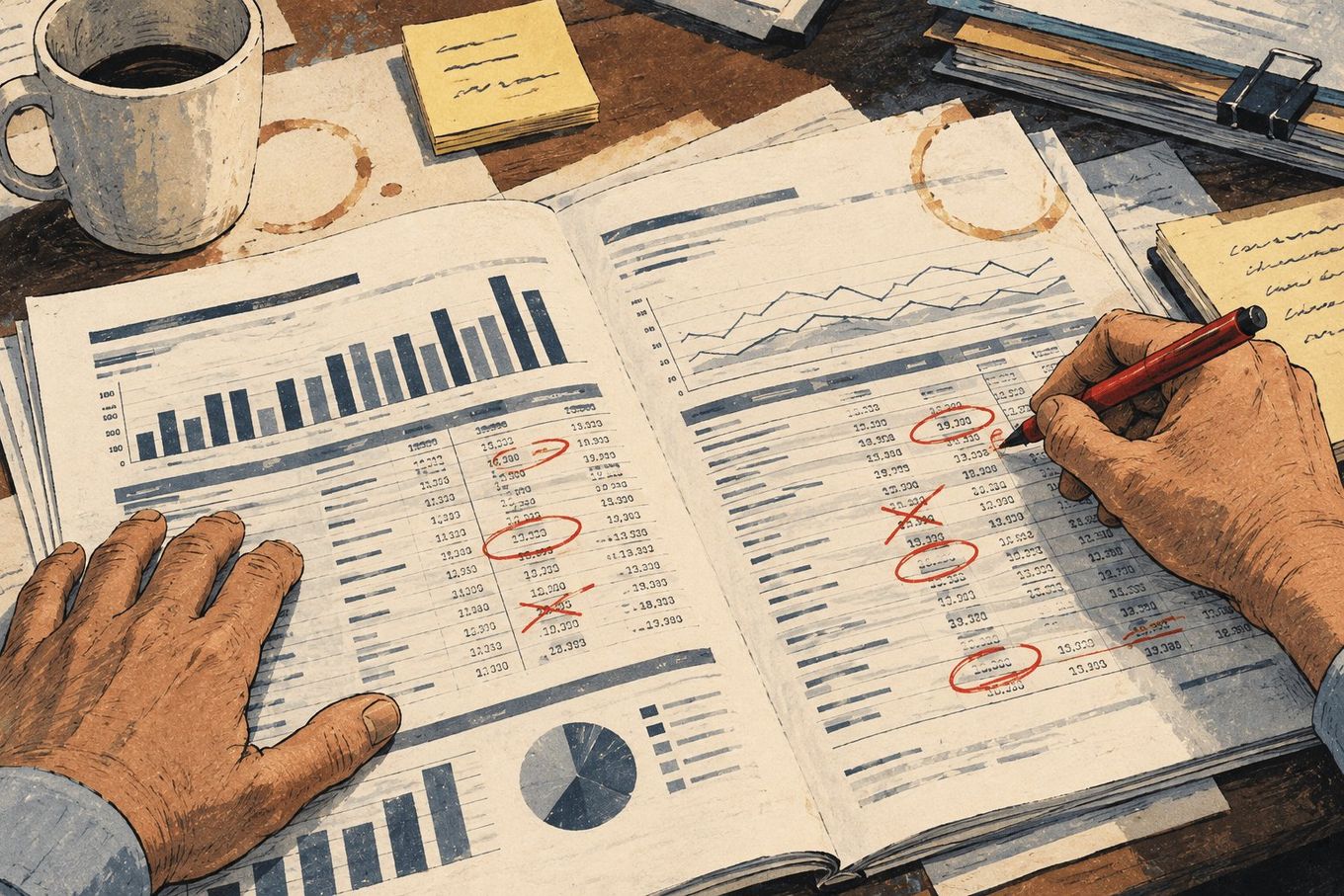 Close-up of hands reviewing financial documents and marking numbers with a red pen on a desk.