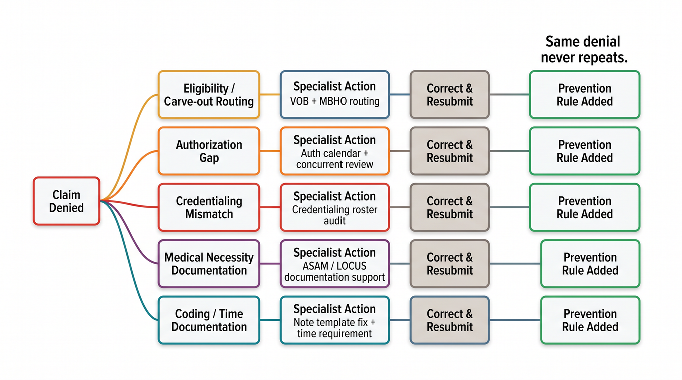 Behavioral health denial management workflow showing five root cause categories, specialist corrections, and prevention rules
