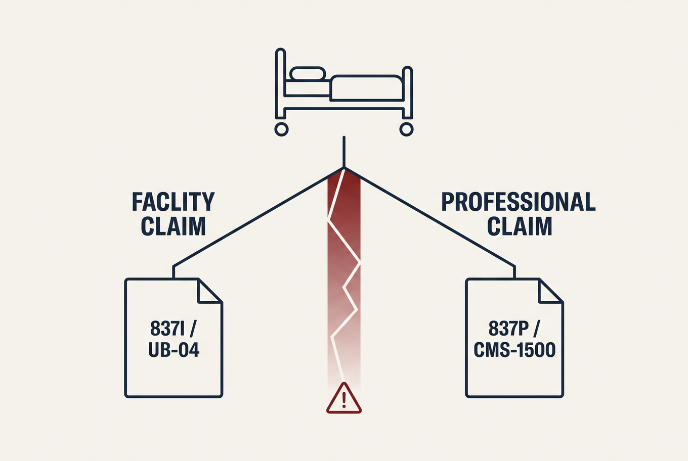 Diagram of one hospital stay splitting into two claim streams: facility 837I and professional 837P, with a gap between them.