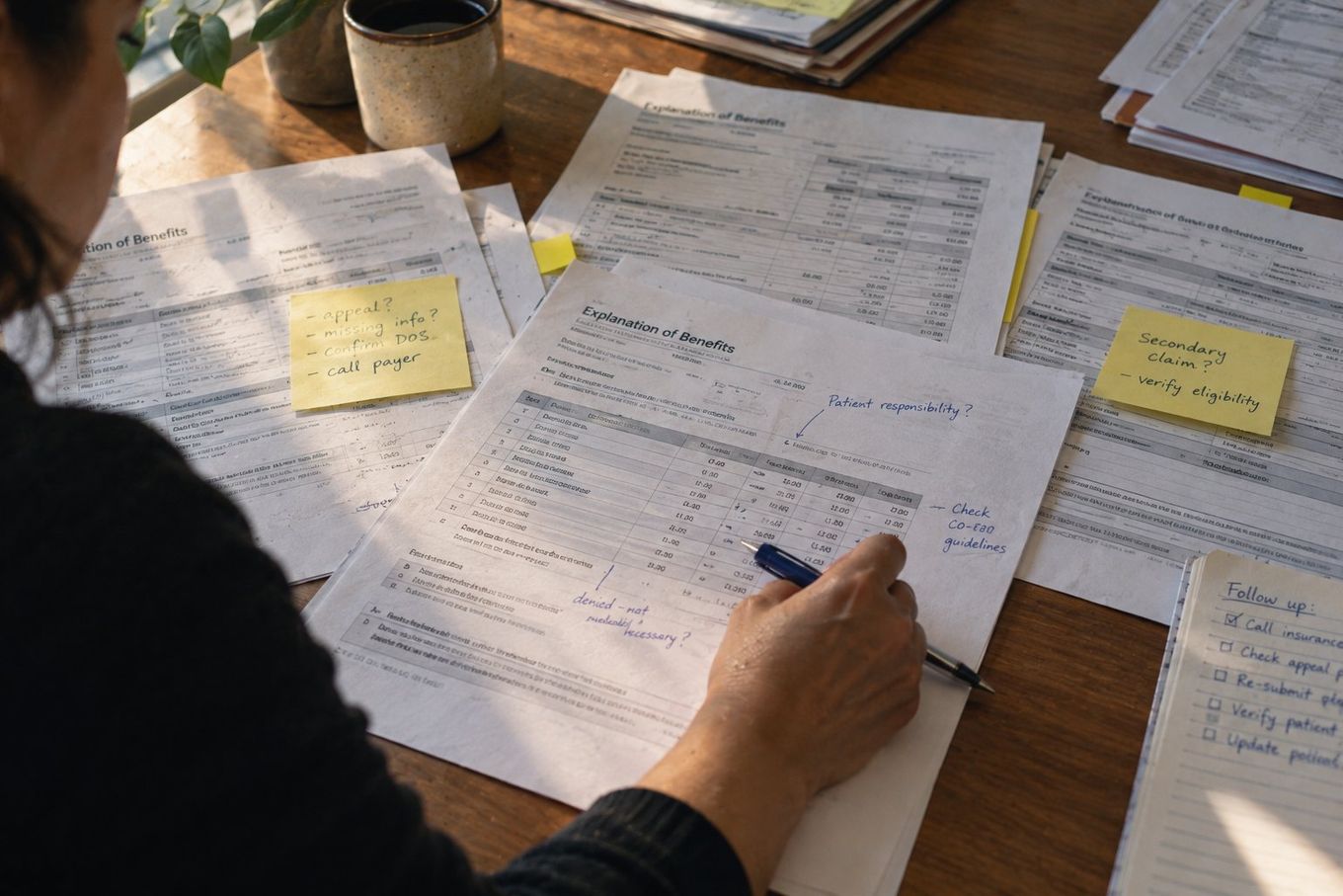 A person reviews medical explanation of benefits documents, writing notes and consulting sticky note reminders.